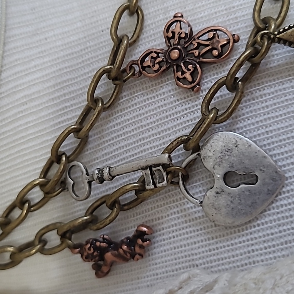 Charms Pendant Necklace 2 Strand Lock Key Fleur-de-lis Cherub Gold Silver Bronze - Picture 6 of 10
